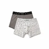 Pack de dos bóxers de algodón con elastano, uno liso de color gris con cintura elástica negra y otro blanco con estampado de líneas discontinuas grises y negras.