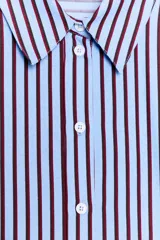 Camisa de corte clásico con cuello solapa y manga larga, confeccionada en tejido oxford con diseño de rayas verticales en azul y bordó. Presenta cierre frontal con botones y bajo con aberturas laterales.