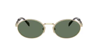 Lentes de sol Prada modelo 65Z con armazón ovalado de metal dorado y cristales verdes. Las patillas presentan detalles carey y apliques metálicos con el logo de la marca.