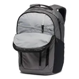 Mochila Columbia modelo Atlas Explorer II de 26 litros, color gris con detalles en negro. Cuenta con dos compartimentos principales, funda acolchada para laptop de hasta 15 pulgadas, bolsillo frontal con cierre, bolsillos laterales para botellas y correas de hombro acolchadas.