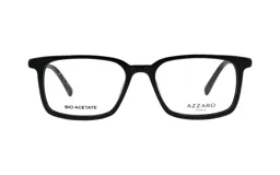 Armazón para lentes de acetato negro, de forma rectangular y con el logo de la marca en la patilla.