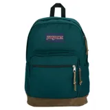 Mochila Jansport Right Pack de 28 litros, color verde oscuro con base de cuero marrón. Presenta el logo de Jansport en el frente, un bolsillo frontal con cierre y un compartimento principal amplio.