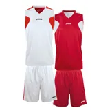 Conjunto deportivo de básquetbol Joma, compuesto por una musculosa con cuello en V y un short con cintura elástica. El diseño es reversible, presentando una combinación de colores blanco y rojo con el logo de la marca estampado.