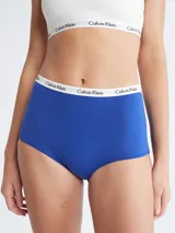 Bombacha de algodón elástico color azul con cintura alta y elástico blanco con logo de Calvin Klein.