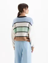 Sweater Clover de tejido semi liviano, de calce oversize con escote redondo, hombros caídos y mangas largas. Su diseño a rayas horizontales combina celeste, blanco, verde menta, negro y marrón, e incluye un bordado de abeja en el frente.
