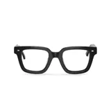 Anteojos de acetato negros, de forma cuadrada y patillas gruesas.
