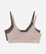 Kit de dos soutiens tipo bralette confeccionados en poliamida seamless con textura acanalada. Presentan escote en V, tirantes finos regulables y copas removibles. Diseño minimalista con etiqueta decorativa en el ruedo.