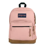 Mochila Jansport modelo Superbreak Plus, color rosa con base de gamuza marrón, compartimento principal amplio, bolsillo frontal con cierre y tiradores de cuero. Cuenta con la etiqueta clásica de la marca bordada en el frente.