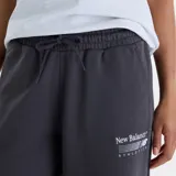 Pantalón de jogging New Balance modelo Trackside, color gris oscuro, de corte holgado y pernera ancha. Confeccionado en felpa francesa suave, cuenta con cintura elástica ajustable con cordón y un pequeño estampado y bordado en la pierna izquierda.