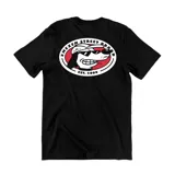 Remera negra de algodón con estampa gráfica en la espalda que presenta un perro con gorra y lentes de sol dentro de un óvalo rojo, con la inscripción Emexem Street Brand.