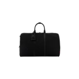 Valija de viaje grande Gucci en lona negra con monograma GG, detalles de cuero negro, asas superiores y cierre de cremallera.