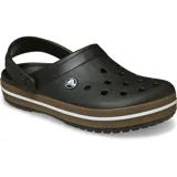 Zuecos Crocs modelo Crocband Clog Gum, color negro con banda lateral en tono caramelo y línea blanca. Diseño con orificios de ventilación, tira trasera pivotante y suela cómoda de espuma Croslite.