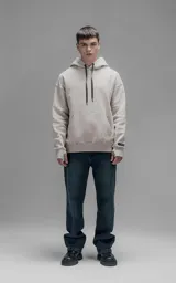 Hoodie oversize de color beige, confeccionado en frisa premium. Presenta capucha ajustable con cordones, bolsillo tipo canguro frontal y puños con aberturas para pulgares.