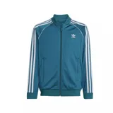 Campera Adidas Adicolor color azul petróleo con tres rayas blancas en mangas y logo bordado en el pecho.