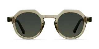 Lentes de sol redondos con detalles geométricos, montura color beige y lentes verdes polarizadas.