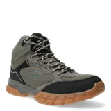 Championes de trekking tipo botita marca Topper, color gris con detalles en negro y suela de goma color caramelo. Presentan diseño robusto con refuerzos en puntera y talón, cordones jaspeados y caña alta para mayor soporte.