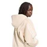 Canguro Adidas de mujer, modelo Kit 3 Stripes, en color beige. Presenta capucha, bolsillo frontal tipo canguro, mangas largas con las icónicas tres tiras blancas y el logo de la marca bordado en el centro del pecho.
