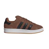 Championes adidas Campus 00s de gamuza marrón, con las tres tiras laterales en cuero negro, cordones anchos y suela de goma blanca con base de goma caramelo.