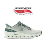 Championes deportivos Skechers modelo Slip-ins Arch Fit Glide-Step Pro, color gris con detalles en verde azulado y blanco. Presentan tecnología Hands Free Slip-ins, sistema de plantilla Arch Fit con soporte de arco certificado y entresuela geométrica Glide-Step para mayor amortiguación. Confeccionados en tejido jacquard con cordones elásticos decorativos.