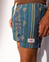 Short de baño azul con estampado geométrico en tonos marrón, verde y amarillo. Tiene cintura elástica con cordón ajustable.