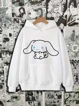 Canguro blanco con capucha y bolsillo delantero, con estampado de Cinamoroll en el pecho.