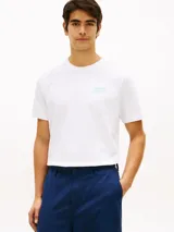 Remera de cuello redondo Tommy Hilfiger, color blanco, de corte regular y manga corta. Presenta un pequeño logo bordado en el pecho en tono verde agua.