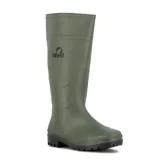 Bota de lluvia de caña alta color verde militar, con suela de goma negra antideslizante y logo de la marca estampado en el lateral.