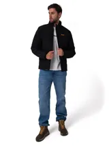 Chaqueta acolchada negra con diseño de costuras en zigzag, cierre frontal de cremallera y cuello alto. Presenta el logo de la marca bordado en amarillo en el pecho.