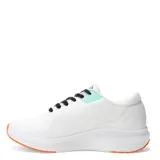 Championes deportivos Umbro modelo Marathon, color blanco con detalles en negro, naranja y turquesa. Presentan cierre con cordones negros, logo de la marca en el lateral y suela de goma naranja.