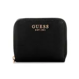 Billetera Guess modelo Gilda de color negro, confeccionada en símil cuero con textura saffiano. Cuenta con cierre perimetral de cremallera metálica en tono dorado y el logotipo de la marca impreso en la parte frontal.