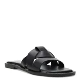 Sandalia plana negra de mujer, estilo slide, con tiras anchas entrelazadas en la parte superior.