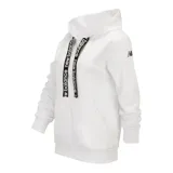 Campera blanca con capucha y cierre frontal, de corte holgado y mangas largas. Presenta logo de New Balance en la manga izquierda y cordones negros con la inscripción "new balance" repetida.