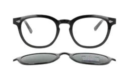 Lentes de marco completo color negro con diseño redondeado y clip-on solar polarizado desmontable. Incluye tecnología de protección UV.