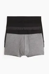Pack de tres calzoncillos tipo trunk de punto elástico con costuras planas y cintura elástica. El set incluye un modelo en color gris melange y dos modelos en color negro.