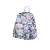 Mochila JanSport Half Pint con estampado de flores pixeladas en tonos pastel y detalles en lila.