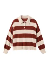 Jersey de punto a rayas horizontales marrones y beige, con cuello polo y cierre frontal de botones.