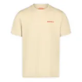 Remera de manga corta color beige, con cuello redondo y logo de la marca estampado en color naranja en el pecho.