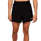 Short deportivo Asics negro con logo de la marca en blanco y estampado de sílabas japonesas en el lateral.