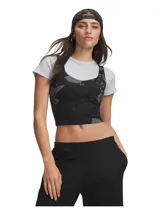 Musculosa deportiva Under Armour Motion Print Tank, color negro con estampado floral gris oscuro, escote redondo y diseño corto.