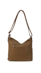 Cartera bandolera color marrón con detalles en gamuza. Tiene correa regulable, cierre metálico frontal y trasero, y división interna.