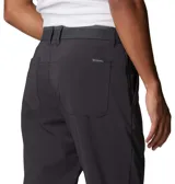Pantalon de senderismo Columbia Tech Trail II, color gris oscuro, con tecnología de repelencia al agua Omni-Shield y protección solar UPF 50. Presenta cintura con elástico parcial, bolsillos laterales y bolsillo de seguridad con cierre.
