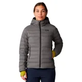 Campera acolchada con capucha de la marca Mountain Hardwear, modelo Deloro Down. Presenta un diseño técnico con cierre frontal completo, bolsillos laterales con cremallera y puños con terminación elástica en color contrastante.