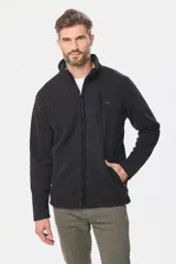 Campera polar térmica de corte recto y cuello alto, con cierre frontal completo en contraste. Presenta bolsillos laterales con cierre y un bolsillo vertical en el pecho, todos con detalles en color azul marino.