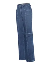 Jeans de tiro alto con corte recto y costuras verticales decorativas en el frente. Presenta un diseño de paneles con una costura horizontal a la altura de la rodilla, cierre frontal con botón y bolsillos laterales.