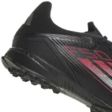 Championes de fútbol Adidas F50 League TF, color negro con detalles en rojo y plateado.