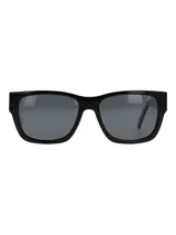 Lentes de sol unisex RKF modelo Genova, con montura cuadrada negra y lentes grises. Incluye estuche rígido marrón y paño de limpieza verde con logo RKF.