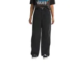 Pantalón de sarga negro de corte ancho, con pinzas en las rodillas, lengüetas ajustables en la cintura y etiqueta de parche en el bolsillo trasero.