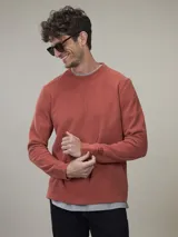 Buzo de cuello redondo confeccionado en fleece color ladrillo (60% algodón, 40% poliéster).