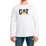 Remera blanca de manga larga con logo de Caterpillar estampado en el pecho en color negro y amarillo.