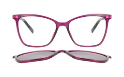 Lentes de receta con armazón de acetato en color violeta traslúcido y clip-on solar magnético desmontable con cristales oscuros.